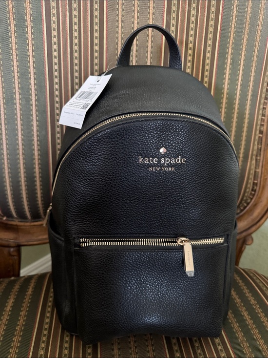Brand New. Kate spade New York Black Pebbled Leather Backpack with Gold Accents main image 9